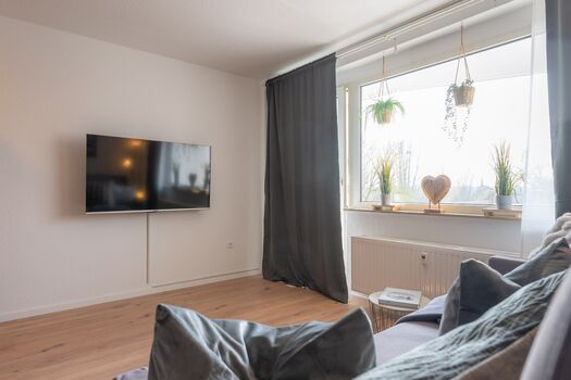 Wohnbereich mit 55` Smart-TV (mit Netflix-App) und Zugang zum Balkon Wohnbereich mit 55` Smart-TV (mit Netflix-App) und Zugang zum Balkon