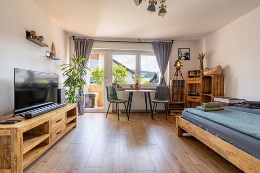 Wohnraum mit Doppelbett und Smart-TV Wohnraum mit Doppelbett und Smart-TV