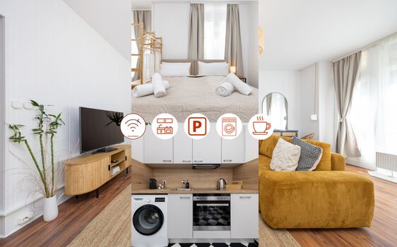 Highlights: Top Betten, Bettwäsche &Handtücher, Waschm., Kaffee, 50"TV, Arbeitstisch, schnelles Internet, Parking