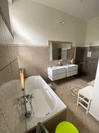 Begehbare Dische, große Waschbecken, Badewanne