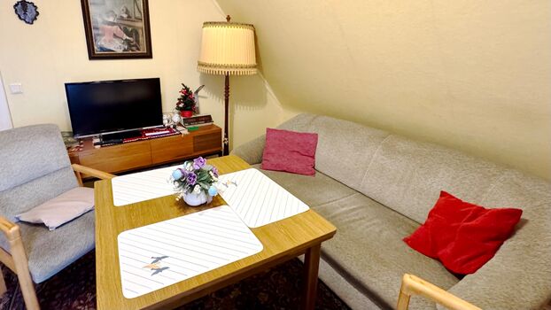 Wohnzimmer mit Esstisch, Sofa und TV