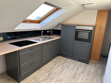 Moderne, voll ausgestattete Küche mit Backofen, Kochfeld, Kühlschrank und Spülmöglichkeit.