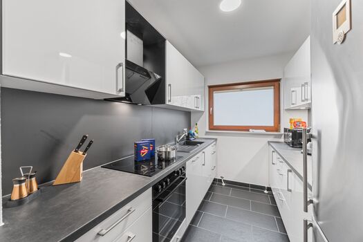 Voll ausgestattete Küche mit Herd, Backofen, sehr großem Kühlschrank und Arbeitsfläche.