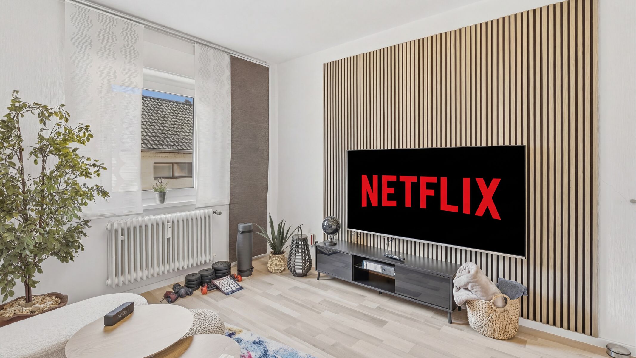 Helles Wohnzimmer mit großem Flachbildschirm, Netflix-Logo, Holzlamellenverkleidung und Zimmerpflanz