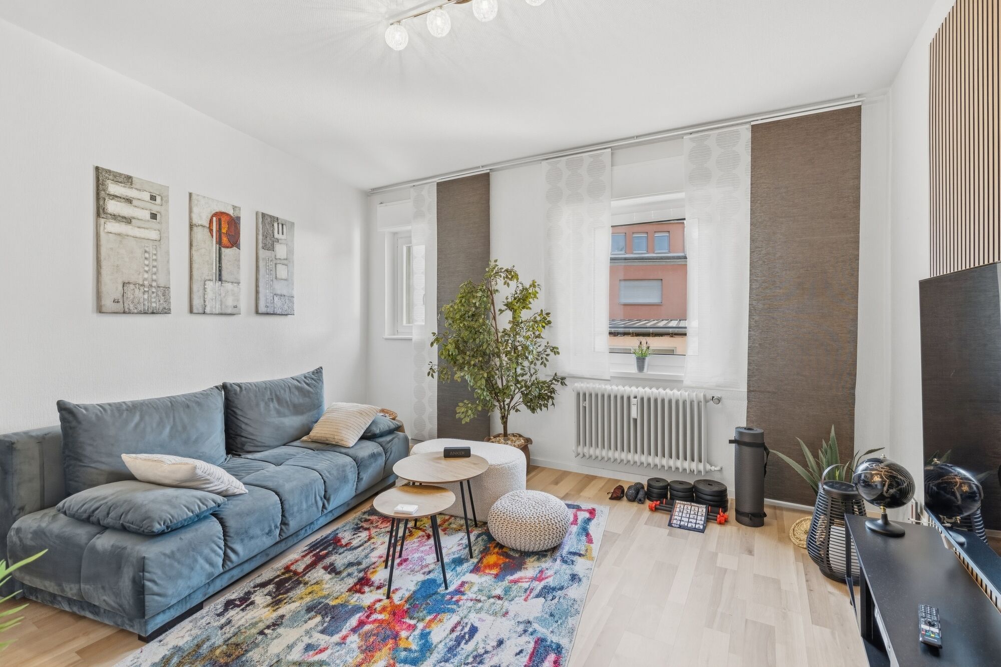 Blaues Sofa, bunter Teppich, runde Couchtische, große Zimmerpflanze, Fenster mit Blick auf Nachbarge